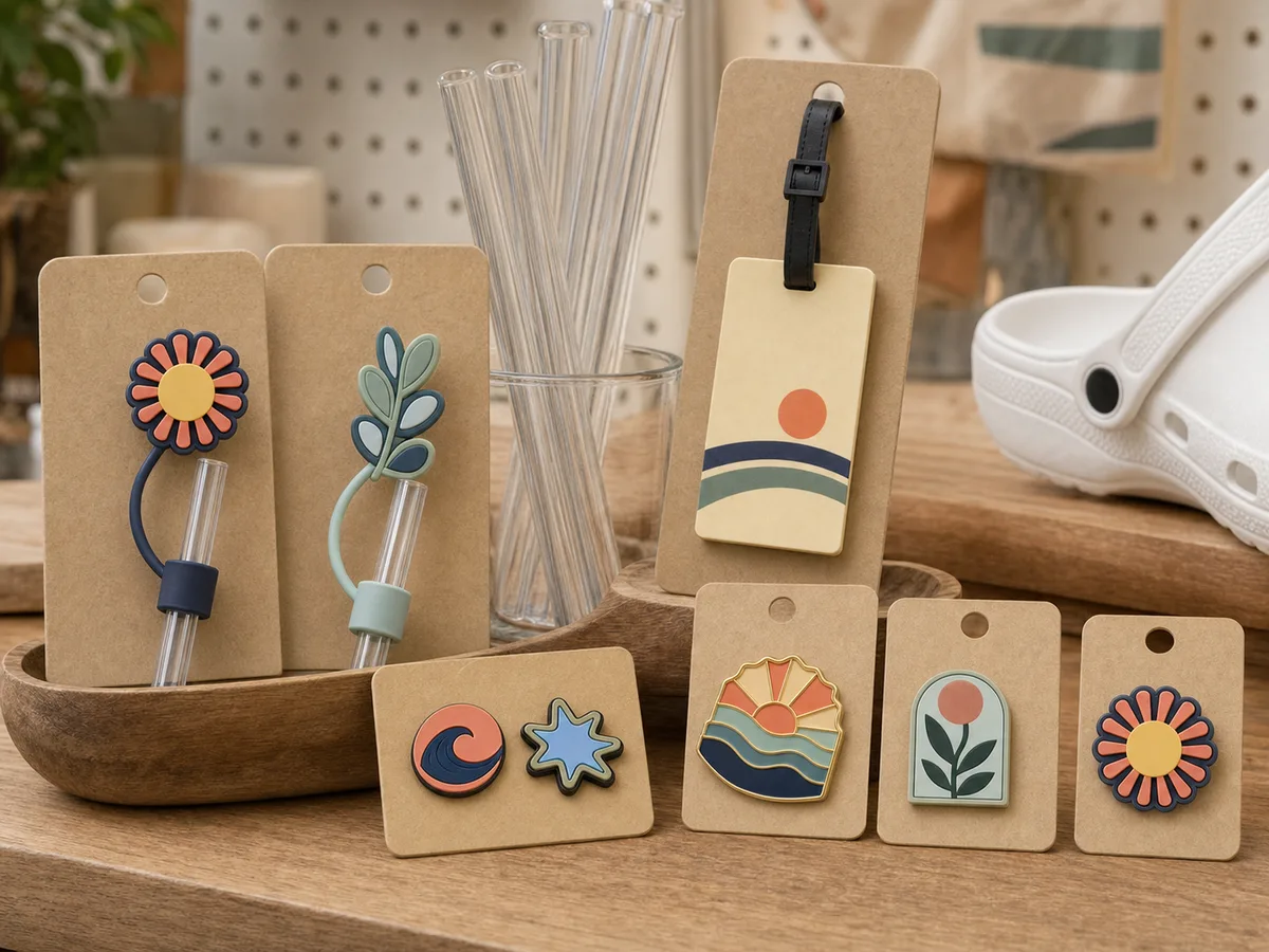 Sun-activated colour-change charms on a white clog outdoors